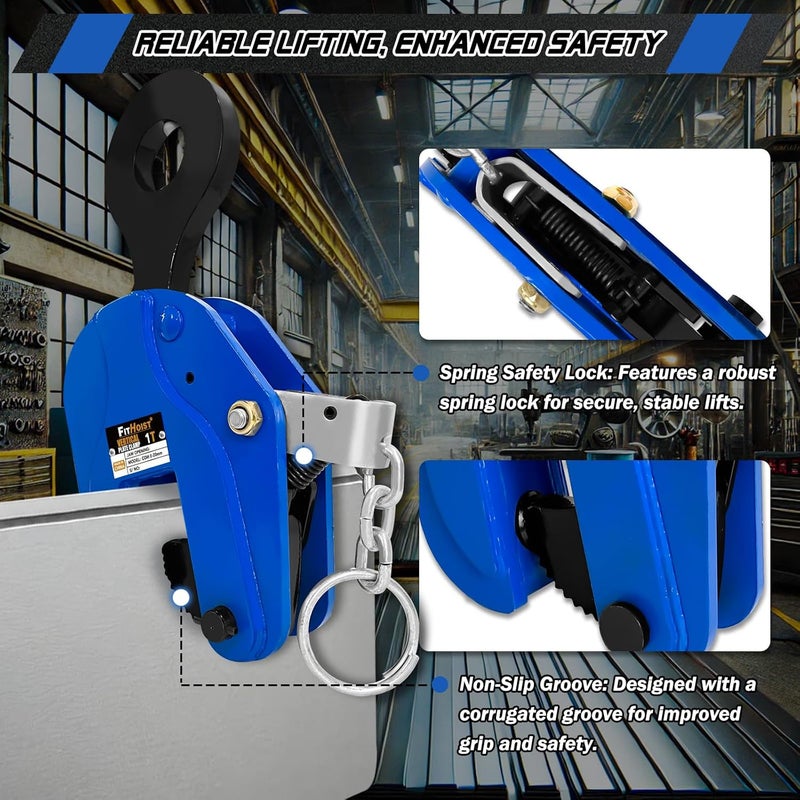 FITHOIST 1 Ton Vertical Plate Lifting Clamp | Sheet Metal Lifting Clamp 2200 lbs Load Capacity | Jaw Opening 0.8 Inch | Heavy Duty Plate Clamp for Lifting and Transporting - Image 2